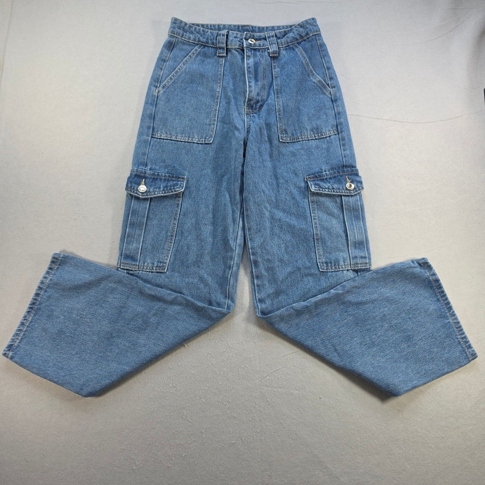Flysun Womens High Waisted Wide Leg Cargo Jeans Blue Denim Size 4 Utility Pants